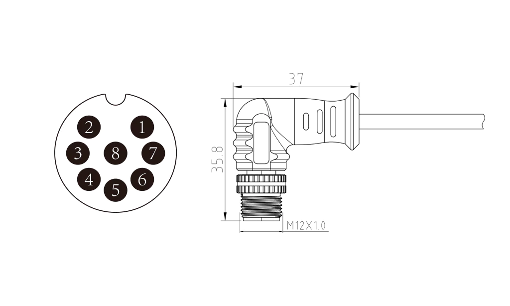 Male elbow of 8Pin molded M12 connector