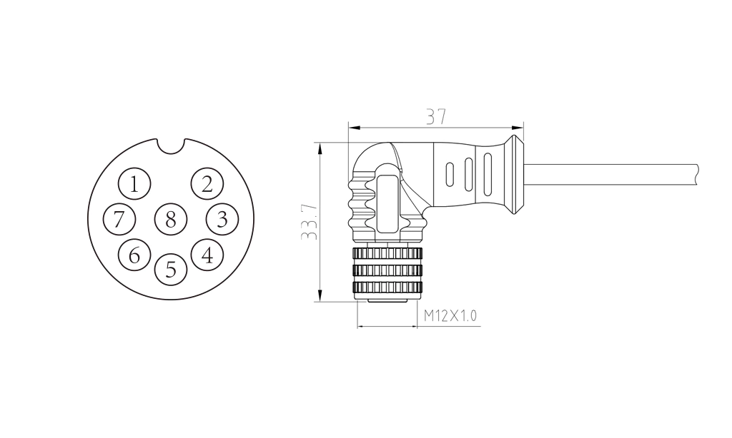 Female elbow of 8Pin molded M12 connector