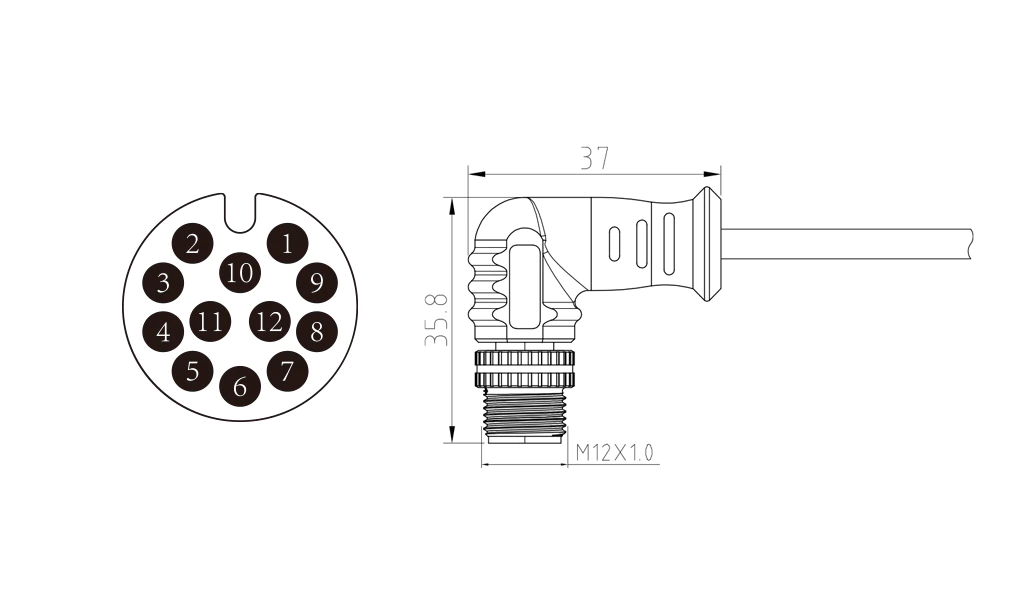 Male elbow of 12Pin molded M12 connector