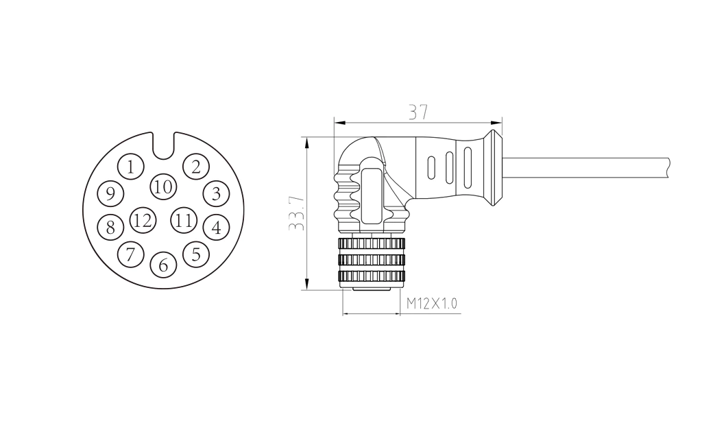 Female elbow of 12Pin molded M12 connector