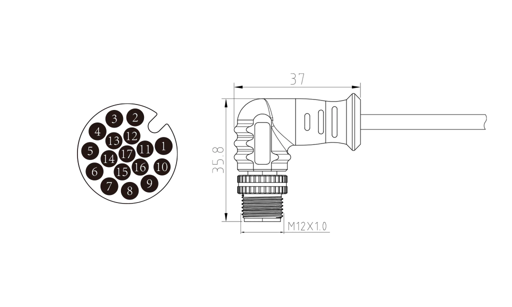 Male elbow of 17Pin molded M12 connector