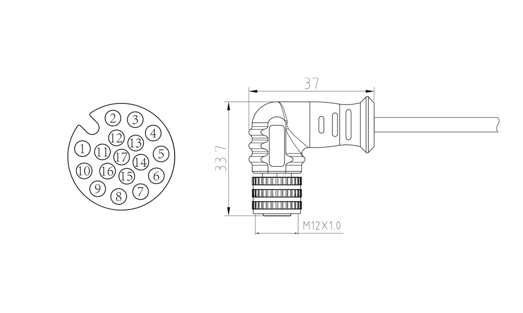 Female elbow of 17Pin molded M12 connector